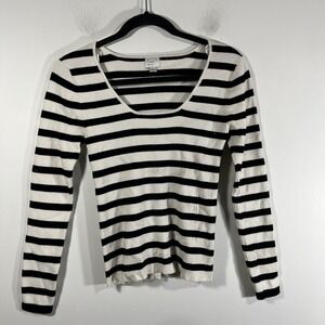 A New Day women's Large Long‎ Sleeve Scoop Neck Ribbed Top Ivory Black Striped